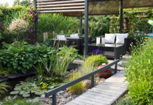 A Modern Furnished Patio and Pergola With A Small Pond, Water Lilys, Hostas And Clematis